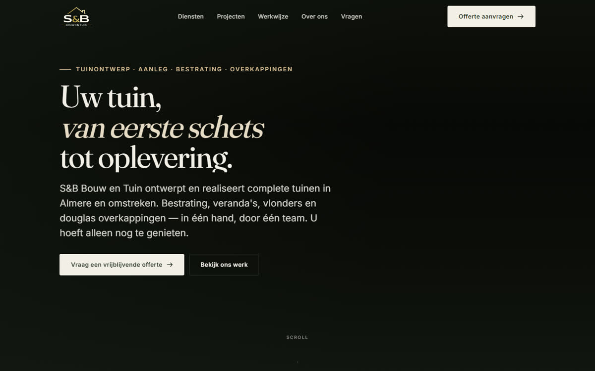 Homepage van de website van S&B Bouw en Tuin